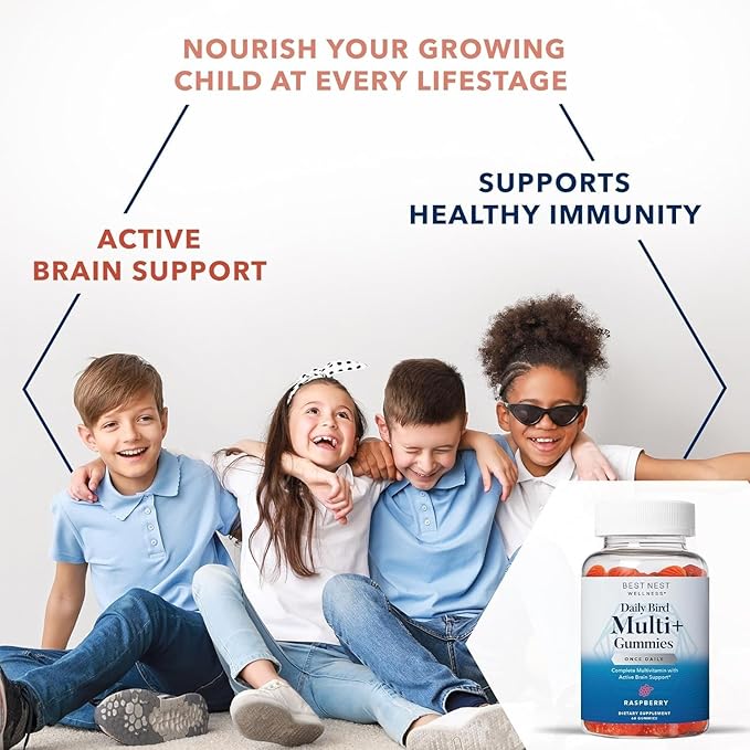 Best Nest Wellness Multi Plus Gummies - Brain Health Support Supplement with Methylated Vitamins - Chewable Multivitamin for Kids - Aids Healthy Energy & Immune Function - Raspberry, 60 Gummies