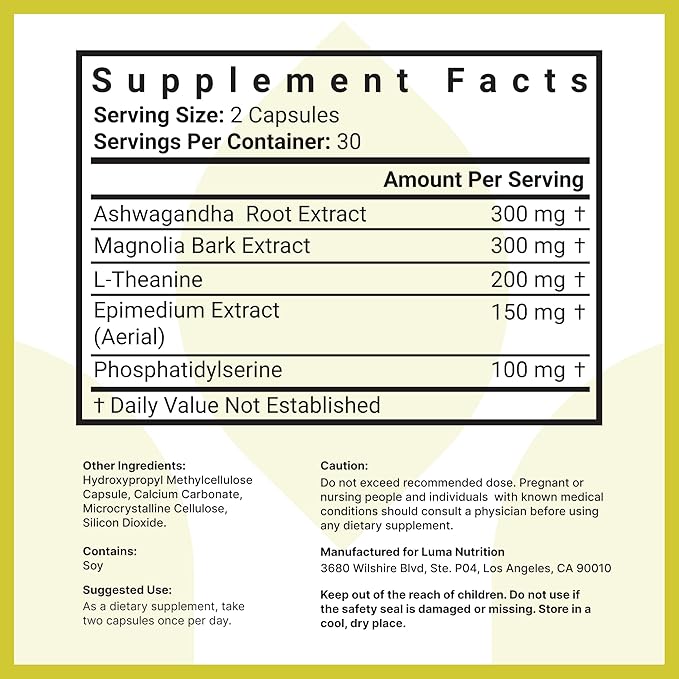 Luma Nutrition Cortisol Supplement - Ashwagandha Supplement + L-Theanine - Cortisol Reducer/Manager - 60 Capsules