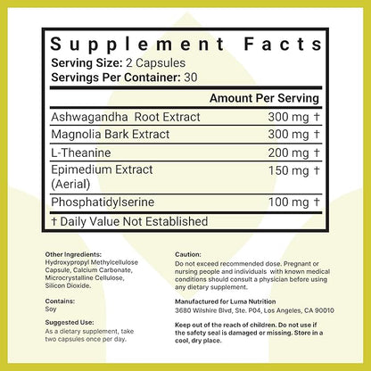 Luma Nutrition Cortisol Supplement - Ashwagandha Supplement + L-Theanine - Cortisol Reducer/Manager - 60 Capsules
