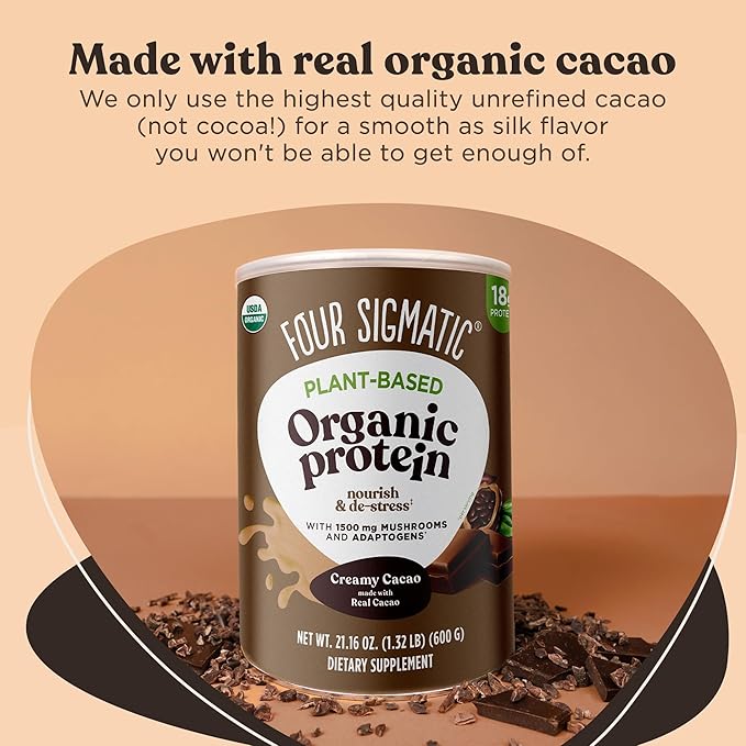 Four Sigmatic Organic Plant-Based Protein Powder Creamy Cacao Protein with Lion’s Mane, Chaga, Cordyceps and More | Clean Vegan Protein Elevated for Brain Function and Immune Support | 21.16 oz
