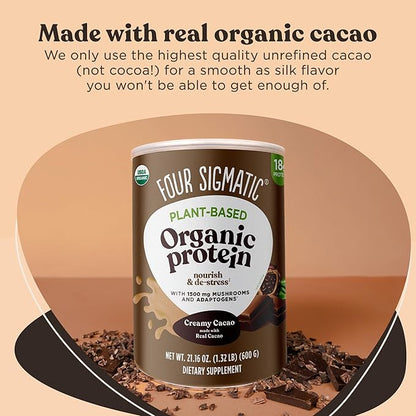 Four Sigmatic Organic Plant-Based Protein Powder Creamy Cacao Protein with Lion’s Mane, Chaga, Cordyceps and More | Clean Vegan Protein Elevated for Brain Function and Immune Support | 21.16 oz