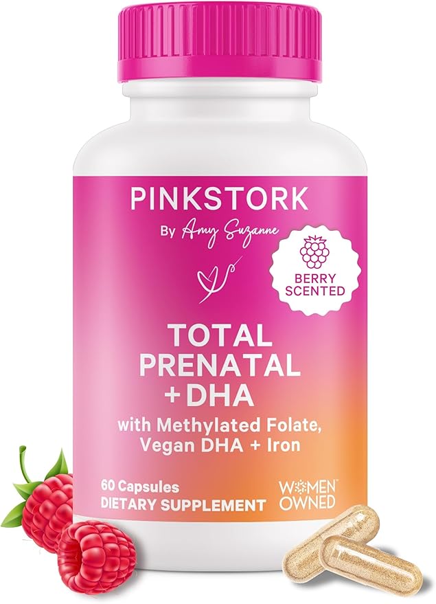 Pink Stork Total Prenatal Vitamins with DHA, Folate, Iron, Choline, and Vitamin B12 - Prenatals for Women to Support Fetal Development, Pregnancy Must Haves - 60 Capsules, 1 Month Supply