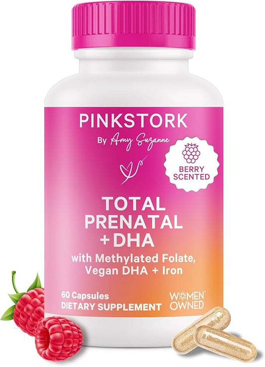 Pink Stork Total Prenatal Vitamins with DHA, Folate, Iron, Choline, and Vitamin B12 - Prenatals for Women to Support Fetal Development, Pregnancy Must Haves - 60 Capsules, 1 Month Supply