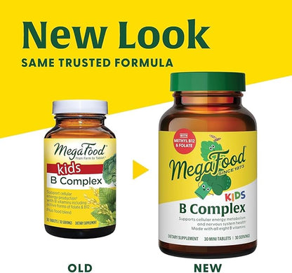 MegaFood Kids B Complex - B Complex Vitamin Supplement, 8 B Vitamins - Vitamin B6, Vitamin B12, Folate, Biotin & More, Supports Cellular Energy Production, Vegetarian, Gluten Free – 30 Mini Tablets