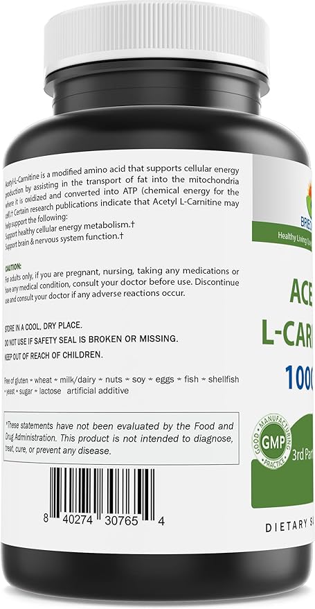 Brieofood Acetyl L-Carnitine 1000 mg Per Serving- 240 Capsules. Gluten-Free, Non-GMO.
