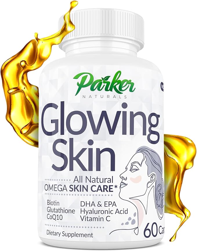 Glowing Skin Supplement - Biotin, Glutathione, Hyaluronic Acid, DHA/EPA Omega 3 Fish Oil, CoQ10, Vitamin C, All Natural Skin Care Supplement, 60 Caps