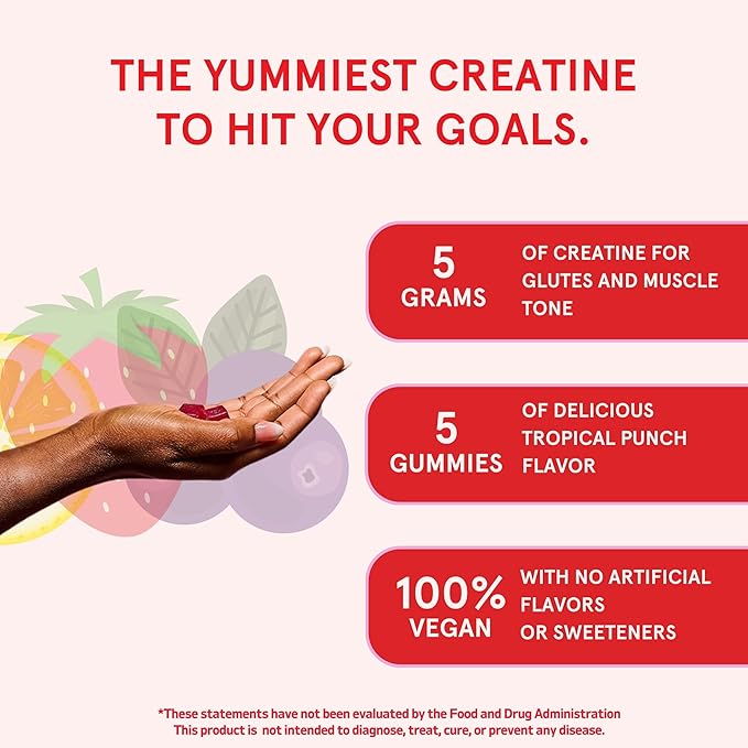Creatine Monohydrate Gummies for Women & Men, Boost Focus, Strength, and Endurance, Vegan, Gluten-Free, Non-GMO, 5 Grams of Creatine per Serving, 30 SVG, Tropical Punch