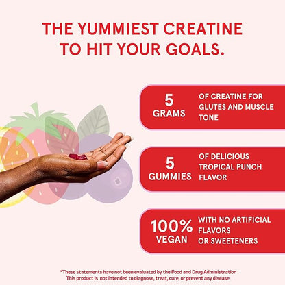 Creatine Monohydrate Gummies for Women & Men, Boost Focus, Strength, and Endurance, Vegan, Gluten-Free, Non-GMO, 5 Grams of Creatine per Serving, 30 SVG, Tropical Punch