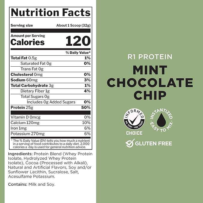 Rule One Proteins R1 Protein - 25g Fast-Acting, Super-Pure 100% Isolate and Hydrolysate Protein Powder with 6g BCAAs (2 Pounds*, Mint Chocolate Chip)