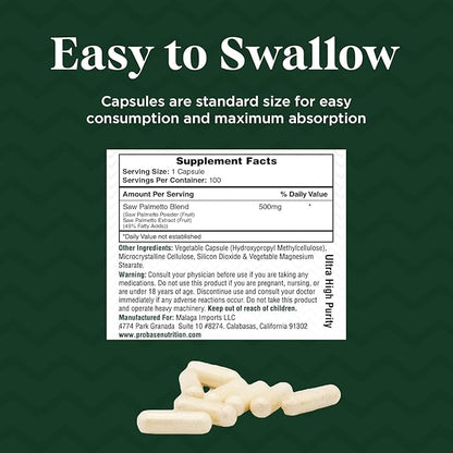 Saw Palmetto Extract Prostate Health Supplement for Men, Supports Prostate, Urinary, and Hair Health, 100 Capsules, 3+ Month Supply