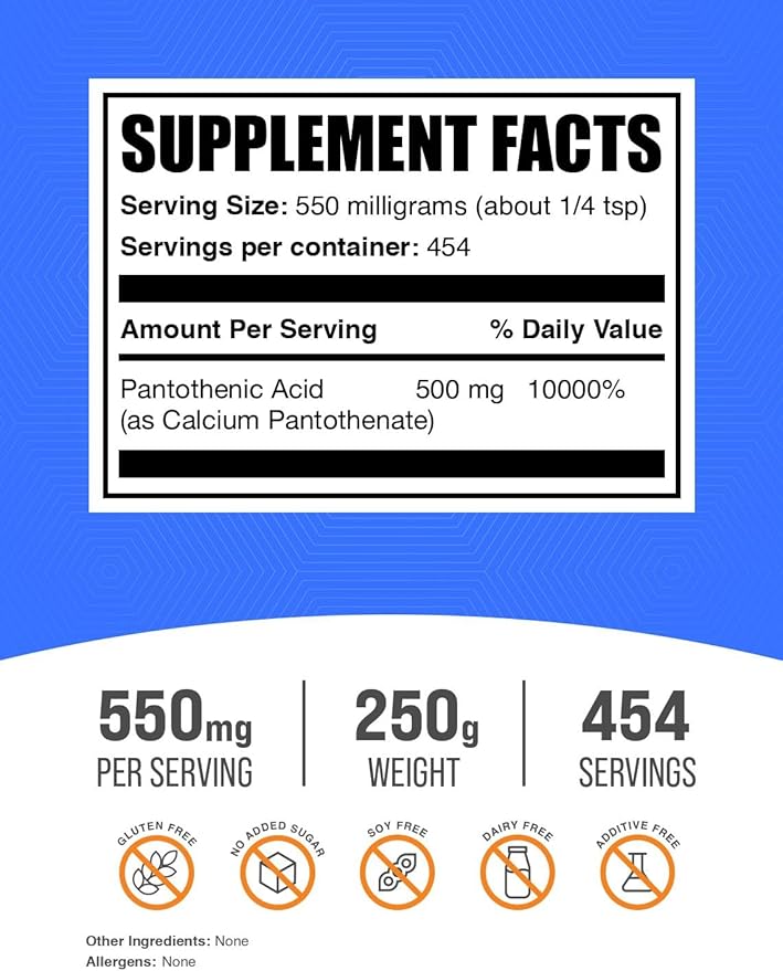 BulkSupplements.com Vitamin B5 Powder - as Calcium Pantothenate, B5 Vitamins - Gluten Free, 500mg of Vitamin B5 Pantothenic Acid per Serving, 250g (8.8 oz) (Pack of 1)