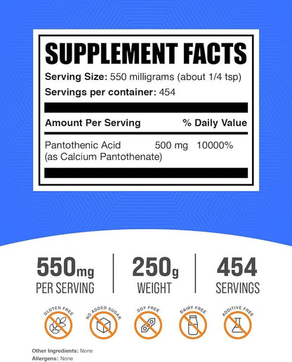 BulkSupplements.com Vitamin B5 Powder - as Calcium Pantothenate, B5 Vitamins - Gluten Free, 500mg of Vitamin B5 Pantothenic Acid per Serving, 250g (8.8 oz) (Pack of 1)