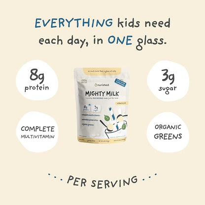 Vanilla Mighty Milk - Kids All-in-One Daily Protein Powder & Multivitamin Boosted with 2 Billion Probiotics & Organic Spinach - Natural Flavors, Colors & Sweeteners - 15-30 Servings