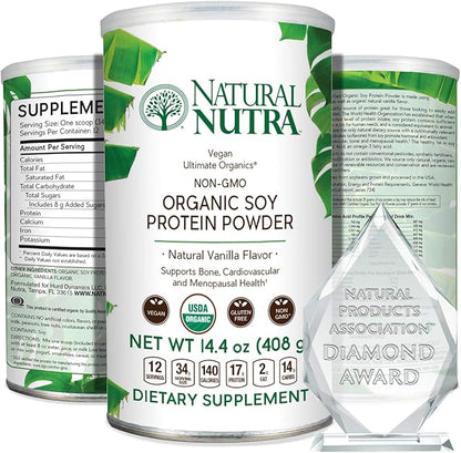 Natural Nutra Organic Vegan Plant Based Soy Protein Source Powder, Supports Bone and Improves Cardiovascular Health, Gluten Free, Non GMO, Sugar-Free 14.4 OZ.