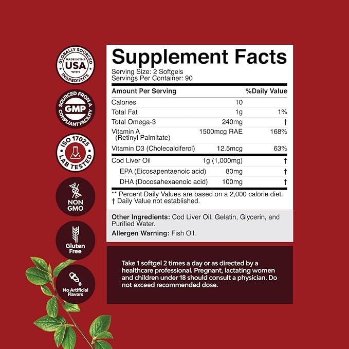 Icelandic Cod Liver Oil Softgels - Wild Caught EPA DHA Omega 3 Fish Oil 1000mg per serving - Sustainably Sourced Burpless Fish Oil Supplement with Vitamin D3 & A for Heart Joint Brain & Immune Support