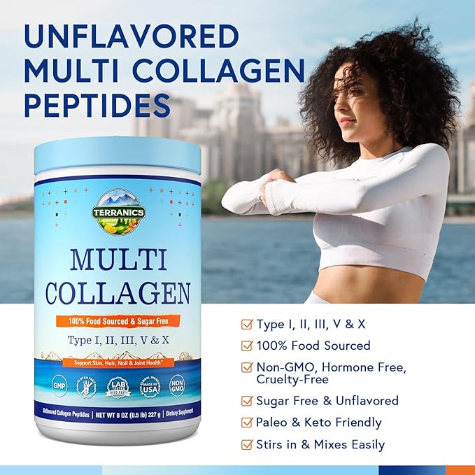 Terranics Multi Collagen Peptides Powder, Type I II III V X Collagen for Women & Men, Collagen Supplements for Skin, Nail, Hail & Joint, Easy to Dissolve, Unflavored, No Sugar, Keto, 8oz