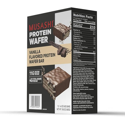 MUSASHI Protein Wafer Bar, 11g Protein, 4g Total Sugars, Vanilla, Post Workout and Protein Snack On The Go, 12 Pack of 1.4oz (40g) Bars