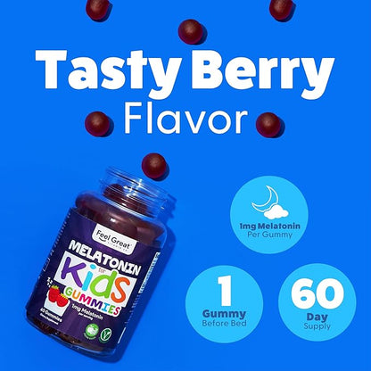 Feel Great Kids Melatonin Gummy | Strawberry Flavored Melatonin Gummies Kids | 1 MG of Melatonin Sleep Aid for Kids | Vegan Gummies | 60 Day Supply