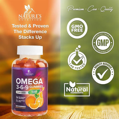 Omega 3 6 9 Vegan Gummies - Triple Strength Omega 3 Supplement Essential Oil Gummy - Omega 369 Heart Support and Brain Support for Women, Men & Pregnant Women, Non-GMO, Orange Flavor - 120 Gummies