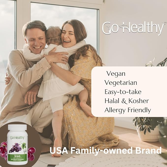 Go Healthy Iron Gummies for Kids, Toddlers, Teens with Vitamin C, Vegan Supplement - Children's Energy, Brain & Immune Support - Grape Flavor, Gluten Free, Kosher, Halal - 30 Servings