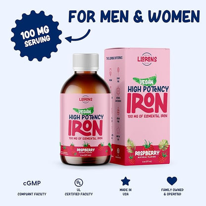 Iron Supplement Liquid Iron High Potency Iron for Women & Adults by Llorens - 100mg Polysaccharide Iron Complex Iron Supplements for Anemia and Iron Deficiency, (Raspberry, 6 oz)