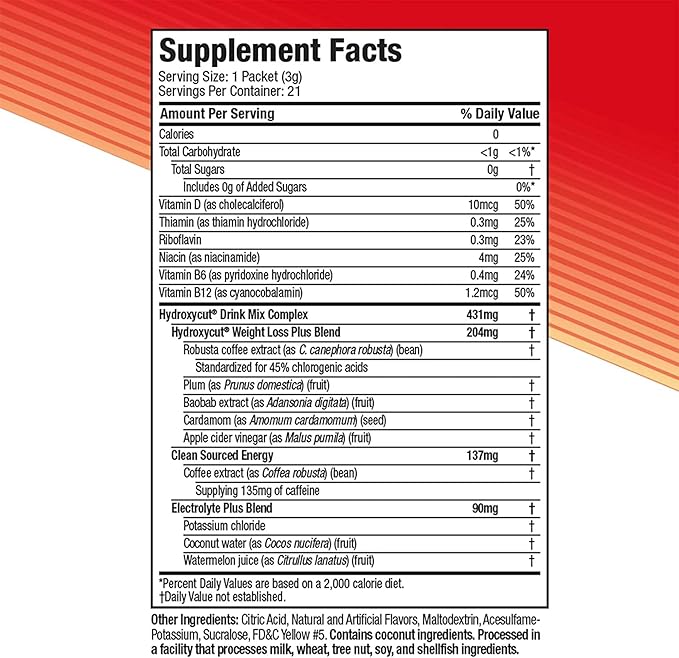 Hydroxycut Drink Mix, Lemonade - 21 Travel-Size Packets - Zero Calories or Sugar - Boost Metabolism, Burn Calories, Increase Energy - For Women & Men