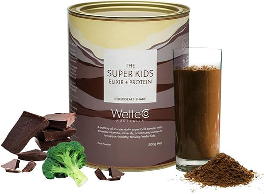 WelleCo The Super Kids Elixir Vegan Protein Powder Chocolate Shake with Prebiotics and Probiotics, Real Fruits & Veggies, Supports Cognitive Function, Immunity & Energy, for Kids Ages 4+, 17.6 oz Tin