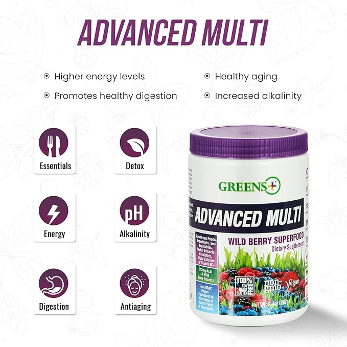 Greens+ Advanced Multi Wild Berry Superfood Powder, Organic Healthy Blend for Morning Vitality, Nutrition, Vibrant Health, Dietary Supplement, Vitamins & Minerals, Vegan, Soy/Dairy/Gluten Free(9.4oz)