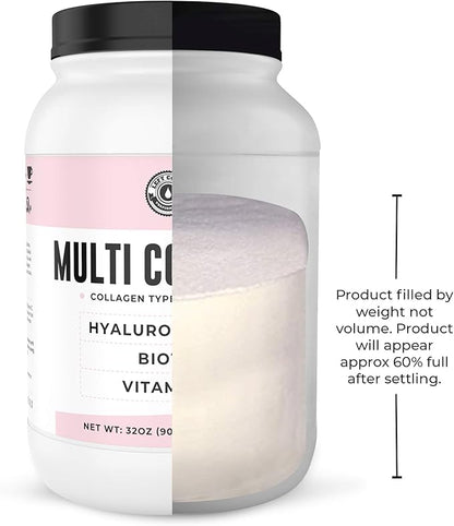 Multi Collagen Powder with Biotin, Hyaluronic Acid, Vitamin C (2lb Value Size) | Hydrolyzed Collagen Supplement (Types I, II, III, V, X). Hair, Skin, Nails for Women, Men