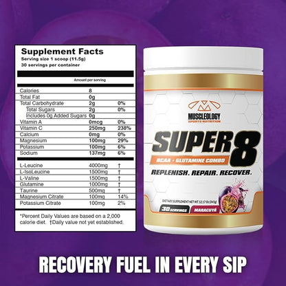 Super 8 High Performance BCAA, Electrolyte & Glutamine Blend Formula - Post-Workout Recovery and Muscle Building Supplement, 30 Serving (Maracuya)