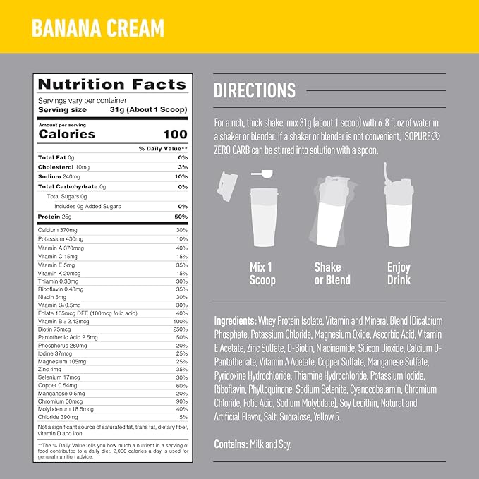 Isopure Protein Powder, Zero Carb Whey Isolate with Vitamin C & Zinc for Immune Support, 25g Protein, Keto Friendly, Banana Cream, 44 Servings, 3 Pounds (Packaging May Vary)