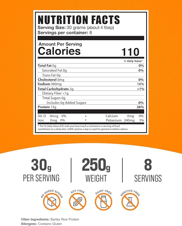 BulkSupplements.com Barley Rice Protein Powder - Vegan Protein Powder, Unflavored Protein Powder - Dairy Free Protein Source, 30g per Serving, 250g (8.8 oz) (Pack of 1)