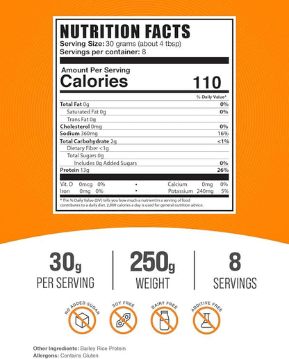 BulkSupplements.com Barley Rice Protein Powder - Vegan Protein Powder, Unflavored Protein Powder - Dairy Free Protein Source, 30g per Serving, 250g (8.8 oz) (Pack of 1)