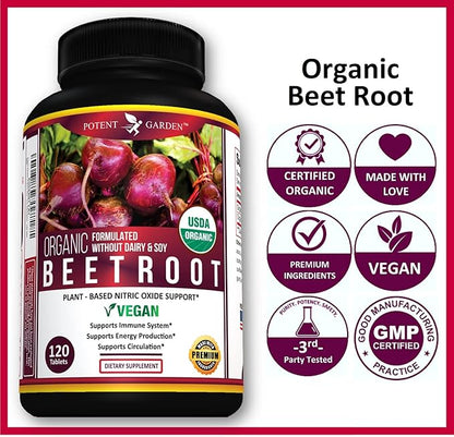Potent Garden Organic Beet Root Powder (120 Tablets) 1350mg Beets Per Serving with Black Pepper for Extra Absorption - Super Antioxidant and Nitrate Supplement for Athletic Performance and Stamina