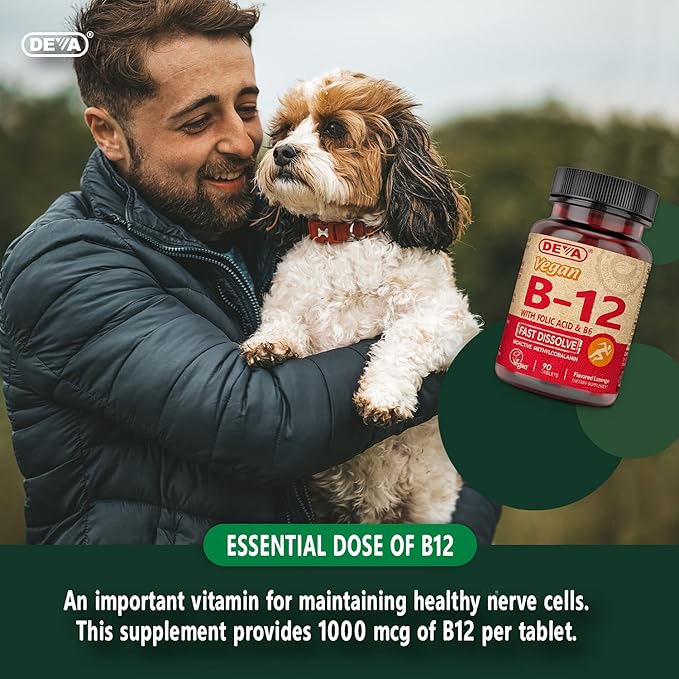 DEVA Vegan Vitamin B12 Fast Dissolve Supplement - Once-Per-Day Complex with 1000 Mcg Methylcobalamin B12, Folic Acid, B6 - Lemon Flavor - 90 Dissolvable Tablets, 2-Pack