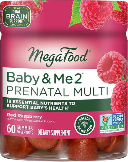 MegaFood Baby & Me 2 Prenatal Vitamin Gummies - Prenatal Vitamins for Women with Folic Acid and Choline for Baby’s Brain Development; Plus Real Fruit- Red Raspberry Flavor - 60 Gummies (30 Servings)