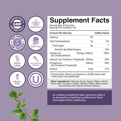High Absorption Calcium Gummies for Women with Vitamin D3 - Delicious Calcium 500 mg Gummies for Adults - Chewable Calcium and Vitamin D Supplement for Bone Health and Immune Support - 90ct (1 Pack)