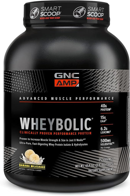 GNC AMP Wheybolic Whey Protein Powder Isolate with BCAA | Targeted Muscle Building and Workout Support Formula | Gluten Free | Banana Milkshake | 25 Servings