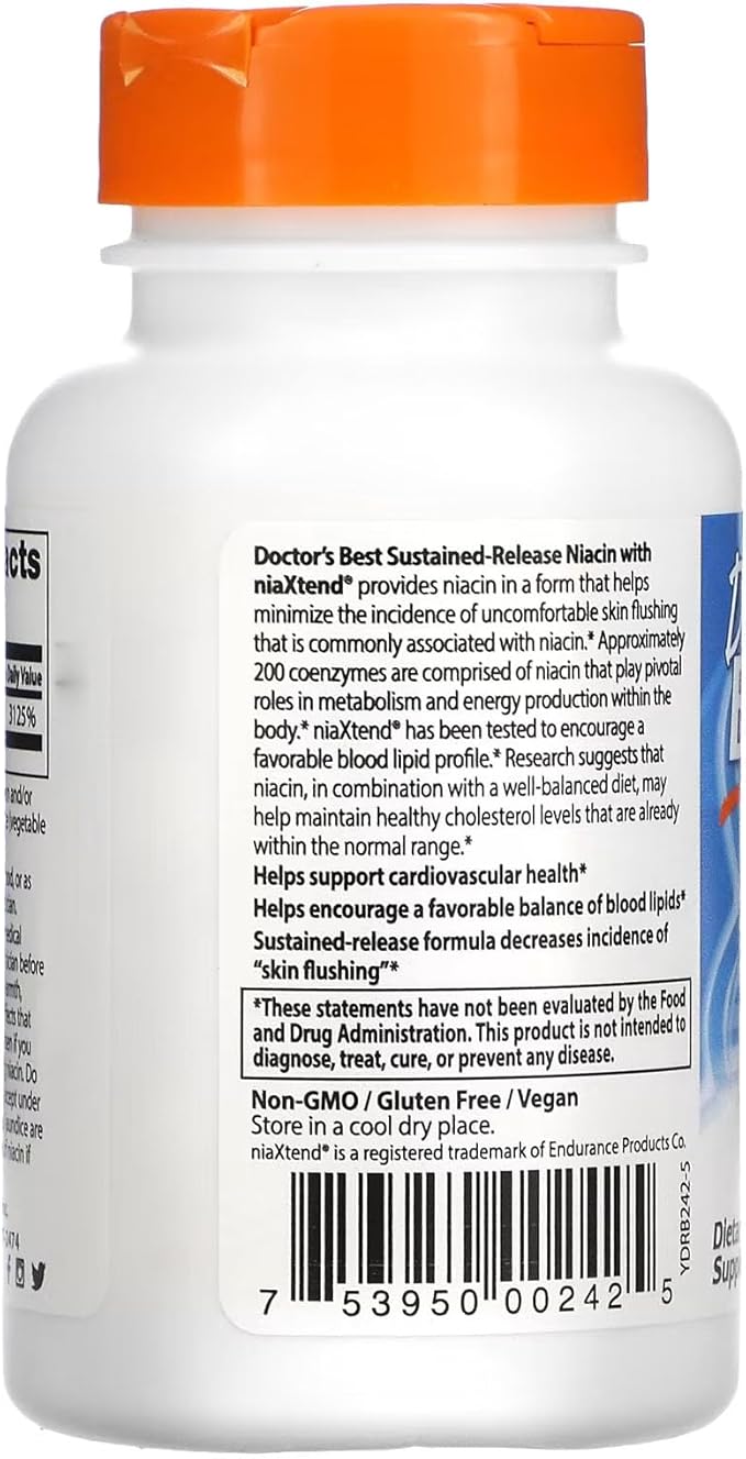 Doctor's Best TimeRelease Niacin with Niaxtend NonGMO Vegan Gluten Free 500 mg Tablets, 120 Count