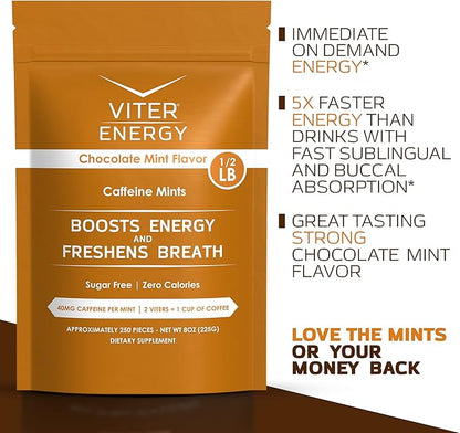 Viter Energy Caffeinated Mints 40mg Caffeine, B Vitamins, Sugar Free. (Chocolate Mint, 8oz, Bulk Bag)