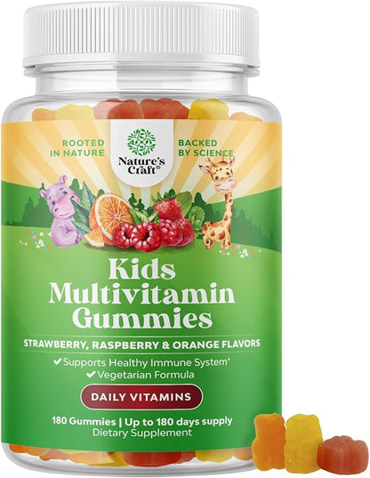 Plant Based Kids Multivitamin Gummies - Multivitamin for Kids Immunity Support Gummies with Vitamins A C D3 E B and Zinc Gelatin and Gluten Free Non-GMO Kids Vitamins Gummy Multivitamin Formula 180ct