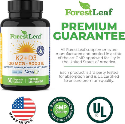ForestLeaf Vitamin D3 + K2 (MK7) Supplement - MenaQ7 - Calcium and Vitamin D3 5000 IU Max Absorption - Teeth and Bone Strength, Heart Health, Immune System Support - 60 Veggie Capsules