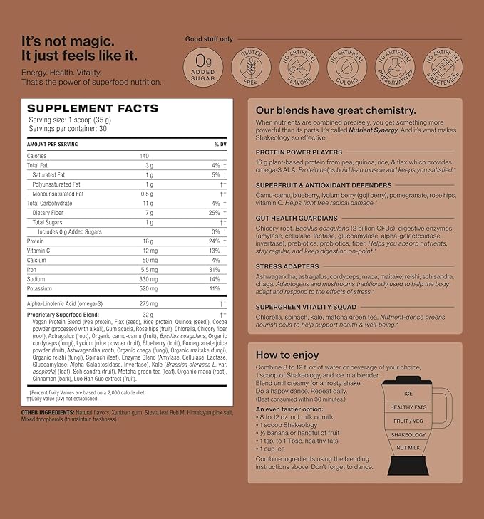 Shakeology 0g Added Sugar Vegan Protein Powder - Gluten Free, Superfood Protein Shake - Helps Support Healthy Weight Loss, Lean Muscle Support, Manage Effects of Stress, Chocolate - 30 Servings