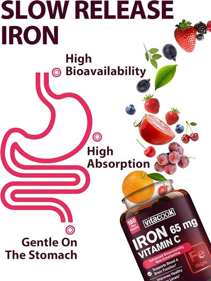 Iron Supplement for Women Men | High Potency Iron 65mg with Vitamin C 250mg | Stomach Friendly Iron Pills for Red Blood Cell & Immune Support | Vegan, Non-GMO & Gluten Free | 180 Iron Tablets