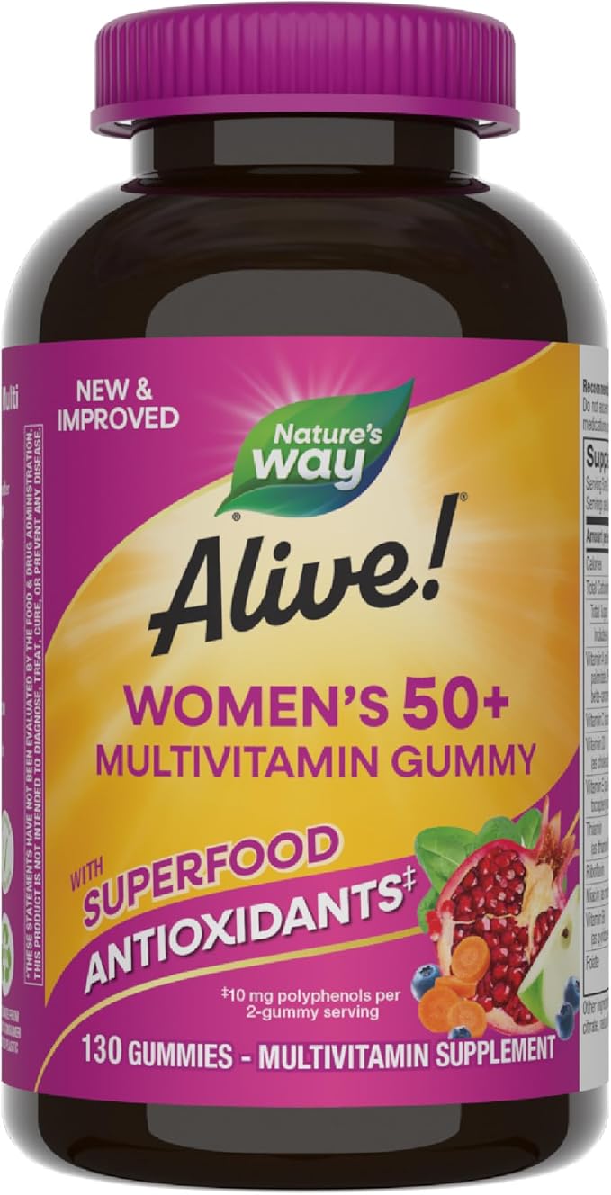 Nature's Way Alive! Women’s 50+ Daily Gummy Multivitamins, Supports Multiple Body Systems*, Supports Healthy Heart, Brain & Bones,* B-Vitamins, Mixed Berry Flavored, 130 Gummies (Packaging May Vary)