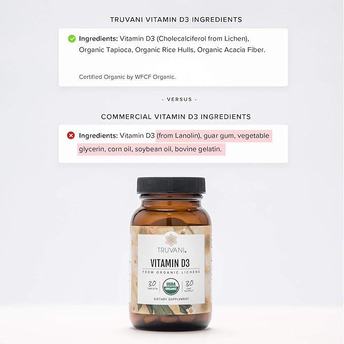 Truvani Organic Vitamin D3 - Plant-Based, USDA Organic, Gluten-Free, Non-GMO, Vegan D3 Supplement - Supports Bone, Immune & Brain Health - 30 Tablets