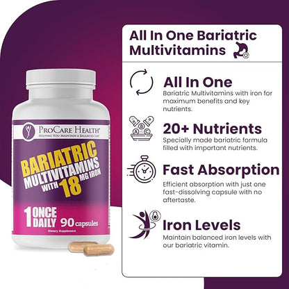 ProCare Health Bariatric Multivitamin with Iron 18mg (03 Month Supply) - Post-Op Bariatric Vitamins for Gastric Bypass Bariatric Surgery Patients, Supports Recovery (90 Easy to Swallow Capsules)