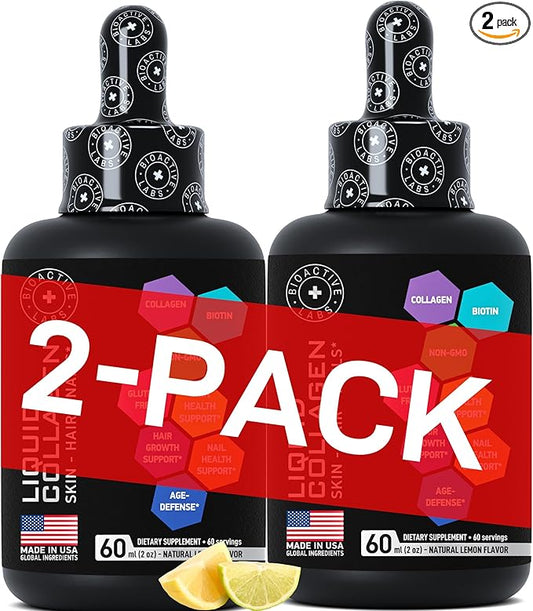 Hydrolyzed Liquid Collagen Peptides and Biotin - Hair Skin and Nails Collagen and Biotin Drops Supplement - Collagen Liquid for Women and Men - Lemon Collagen Type 1 and 3 Biotin Drop - 2-Pack, 2x60ml