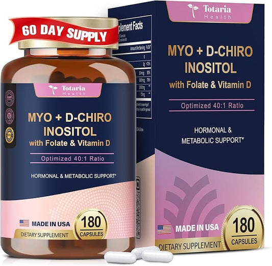 Inositol Supplement for Women with Vitamin D3, Folate, 40:1 Ratio Myo-Inositol 3000mg & D-Chiro Inositol 75mg Complex, (Vitamin B8) Inositol Capsules, 180 Capsules, 60 Servings