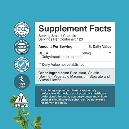 DHEA 50mg for Men and Women - High Strength DHEA Supplement for Women & Men for Enhanced Energy and Hormone Balance for Women & Men - Men and Women's Hormone Balance Supplement (4 Month Supply)